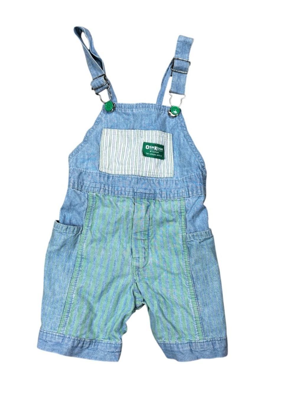 VTG OshKosh B'gosh Light Blue & Green Striped Chambray Overalls Kids 4T Vintage